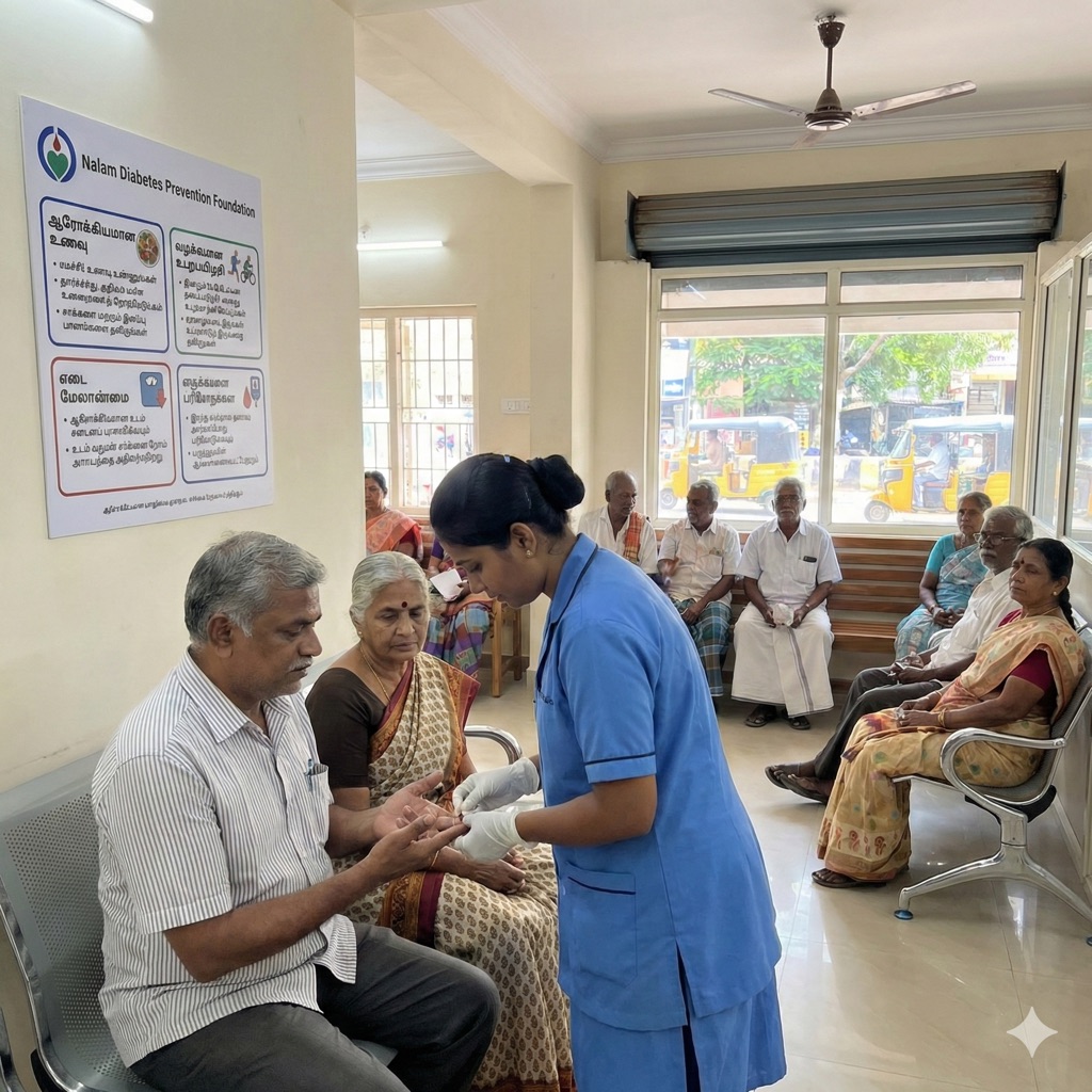 Free diabetes screening clinic with community members in Coimbatore