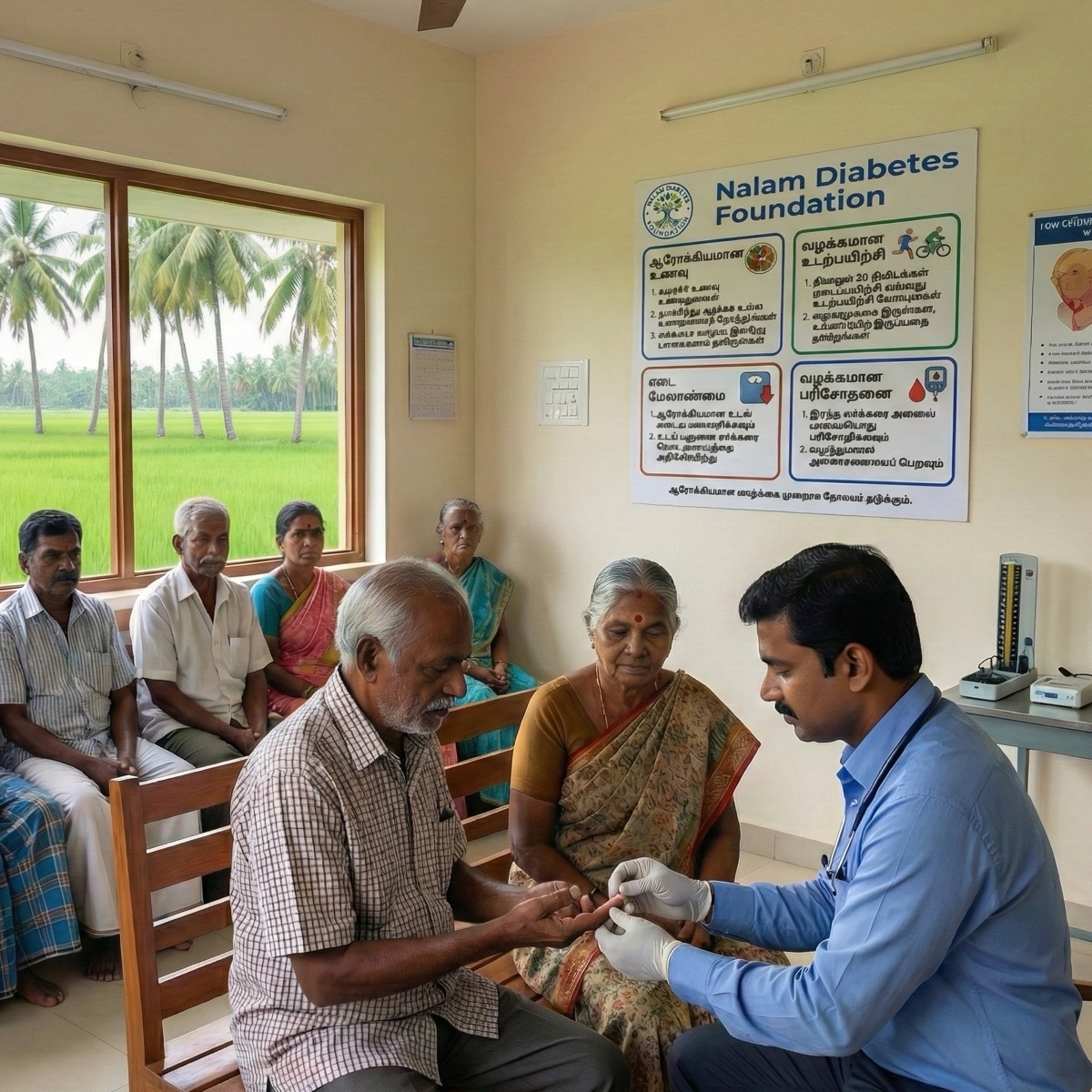 Health worker conducting diabetes testing in a rural village near Coimbatore